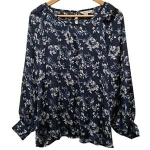 Ophelia Roe Blouse Womens 2X Navy Blue Floral Sheer Long Sleeve Pullover Shirt